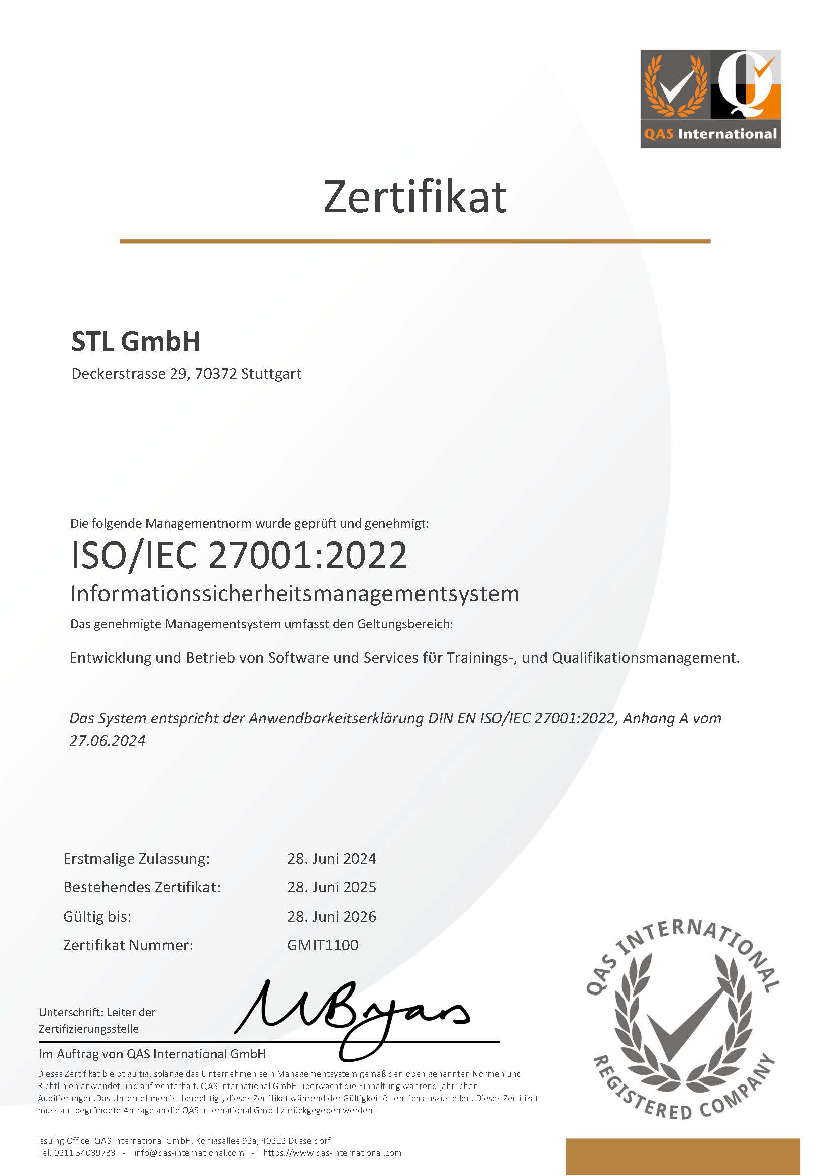 QAS27001 2022- GMIT1100- 25-26- DE Zertifikat Nummer GMIT1100 für ISO 27001:2022 für die STL GmbH