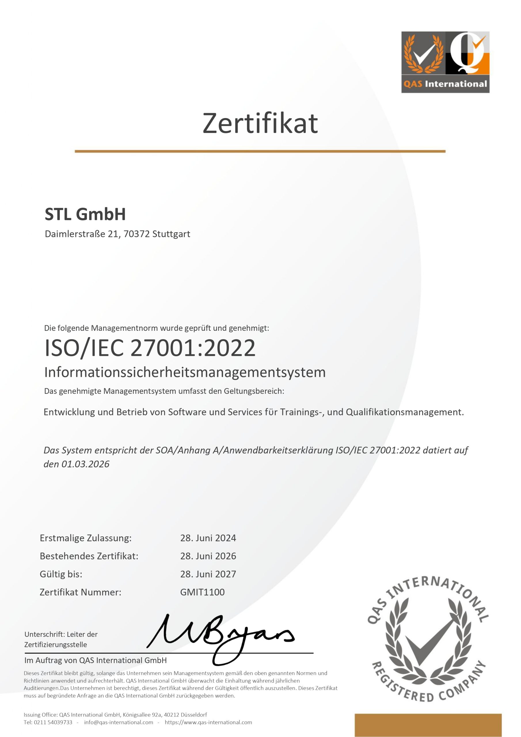 ISO/IEC 27001:2022 Zertifikat der STL GmbH